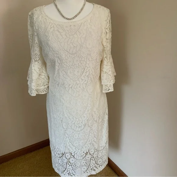 rn studio lace dress White Lace Dress with Decorative Bell 3/4 sleeves Size 8 by RN Studio